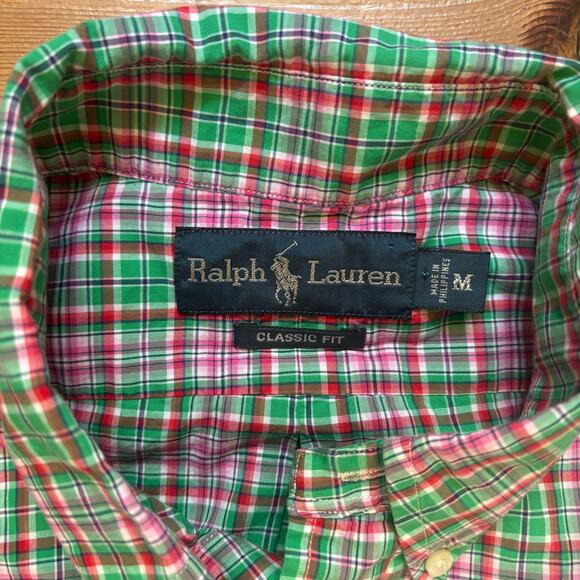 Ralph Lauren green pink plaid short sleeve button up mens shirt SIZE M - Picture 2 of 4